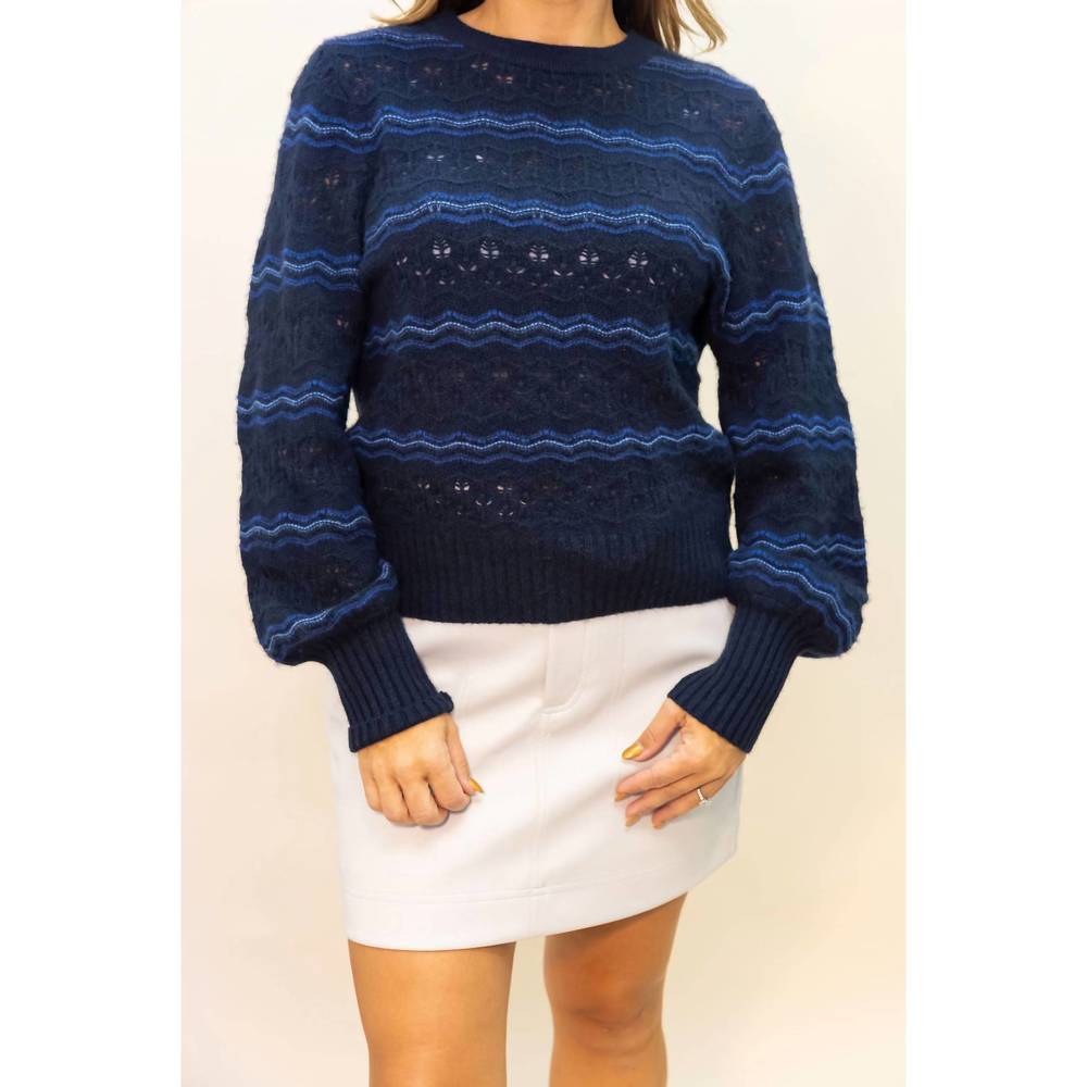 NEW WHITE + WARREN cashmere lace stitch sweater in blue combo